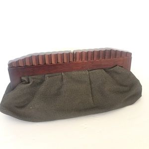 Old navy wooden wood handle clutch purse brown bag